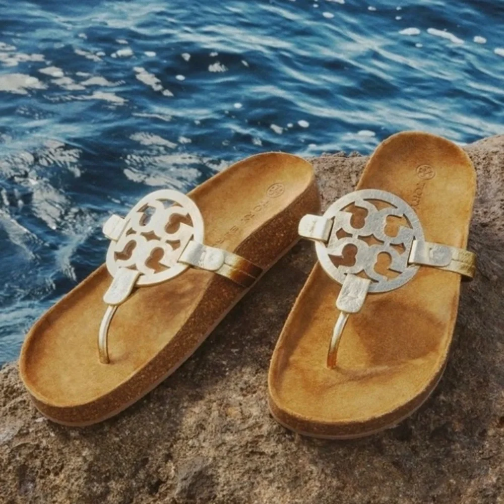 EUC Tory Burch Miller Cloud metallic goat leather cork Sandals